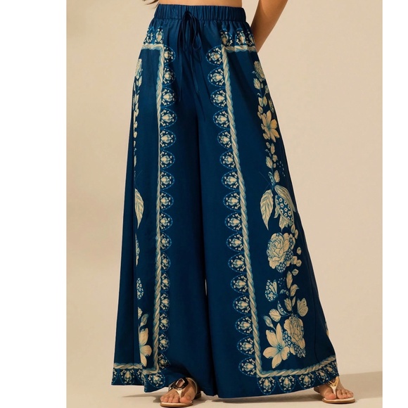 Boho Blue Floral Print Stretchy Waist Wide leg Pants - Picture 1 of 6